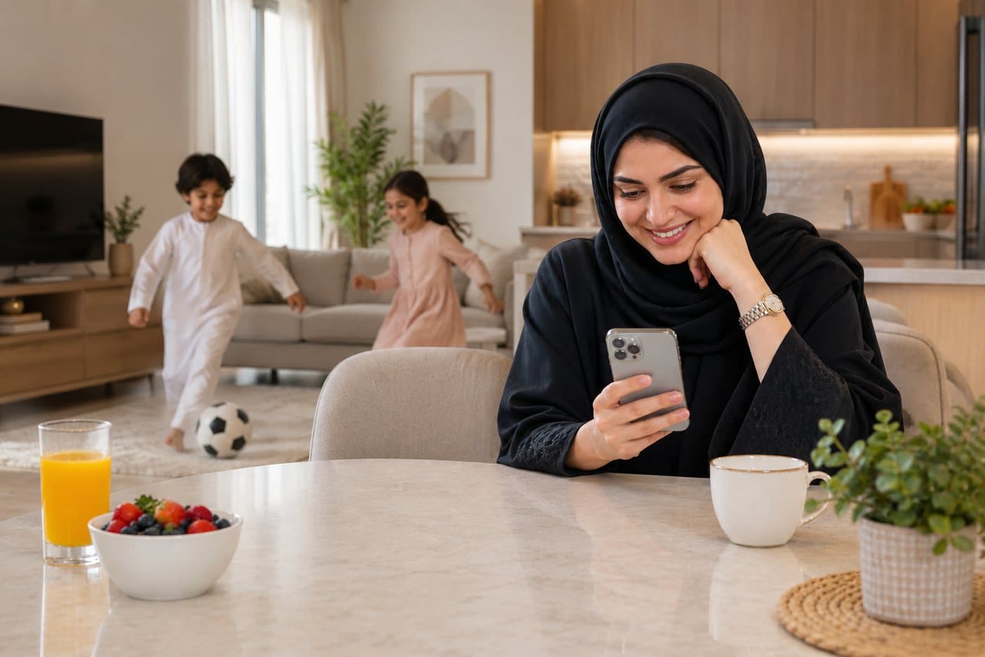 A mother checking her children's progress on her phone at the kitchen table while they play behind her